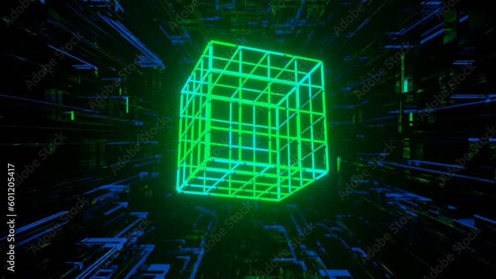 Poster 3d object or structure rotates and moves inside glass mirror tunnel with neon light, bright reflecti