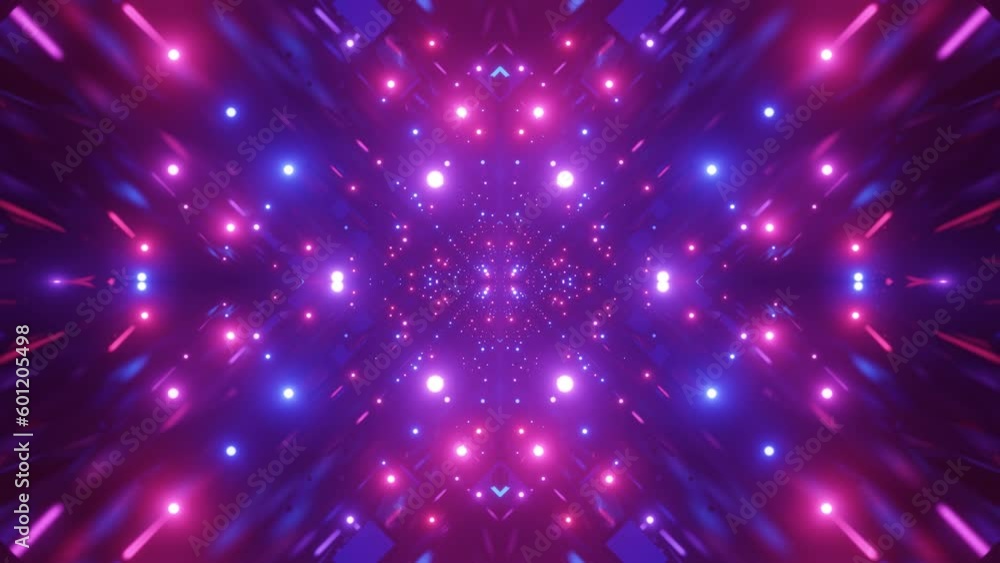 Poster fly through symmetrical tunnel with neon glow 3d objects, sci fi glow pattern. bright reflection neo