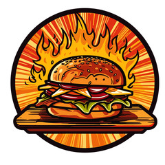 Tasty Burger with flames in the Background on a wooden desk. Retro style comic badge.