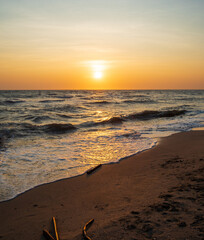 Fototapeta premium landscape viewpoint vertical summer sea wind wave cool holiday calm coastal sunset sky light orange golden evening day look calm Nature tropical Beautiful sea water travel Bangsaen Beach thailand