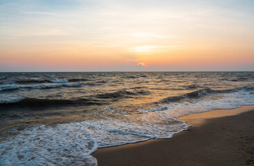 landscape viewpoint vertical  summer sea wind wave cool holiday calm coastal sunset sky light orange golden evening day look calm Nature tropical Beautiful sea water travel Bangsaen Beach thailand