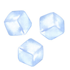 Obraz premium Ice cubes cristal blue transparent for drinks, cocktails. Hand drawn watercolor illustration isolated on white background. Design bar, restaurant menu, recipes