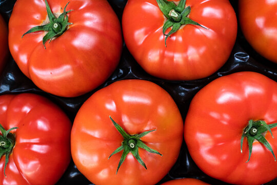 group of ripe red tomatoes in grocery produce 
