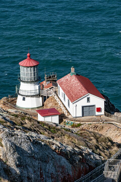 View of Point Reyes Lighthouse along Point Reyes National Shore, California on a sunny day