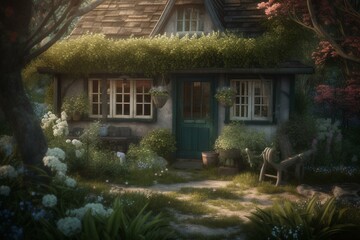 Fototapeta na wymiar Spring garden cottage with a small outbuilding view. Generative AI