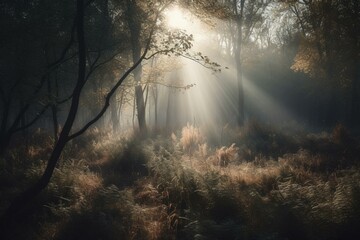 Sunbeams filtering through foggy woodland. Generative AI