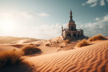 Desert mosque with sand mountain and sun. Generative AI