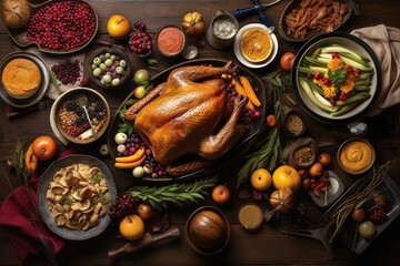 Fototapeta na wymiar Christmas or Thanksgiving turkey on rustic wooden table. Generative AI