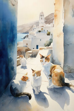Watercolor illustration of stray cats on the street of a coastal town on a Mediterranean island with transparent background. Generative AI