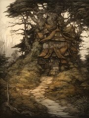 A drawing of a witch house in the woods Generative Ai