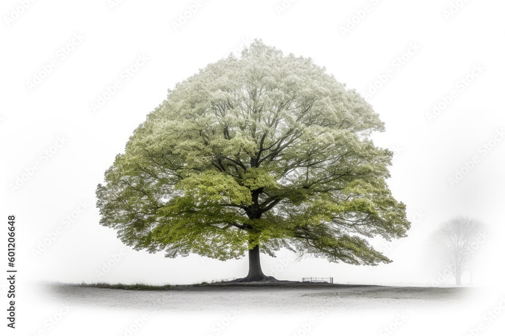 Poster serene bench nestled in the branches of a flowering tree generative ai