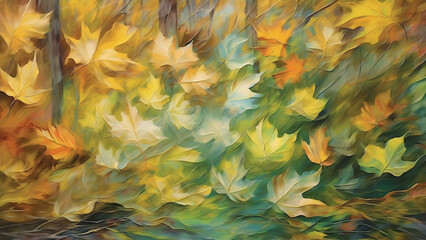 Autumn Leaves Blown Across Forest Floor - Abstract Digital Oil Painting - Generative AI