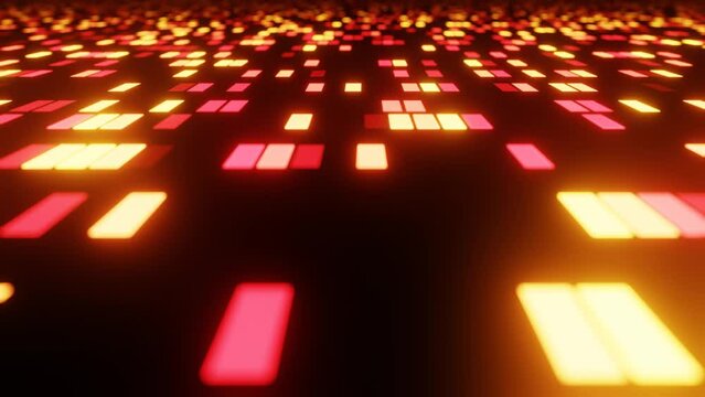 4k looped animation. Flight over hi tech pattern on plane surface, neon glow, complex structure. 3d objects form sci fi surface 3d pattern. Information technology.