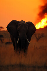 Fototapeta na wymiar A large elephant walking through a dry grass field on fire Generative Ai