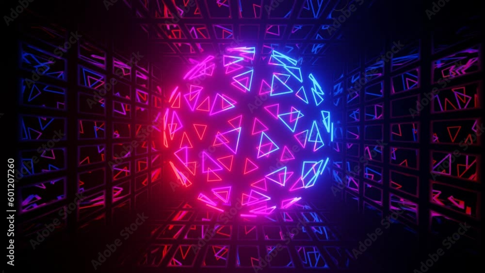 Aufkleber vj loop mirror room with fly neon frame sphere structure. abstract festive bg with bright reflection