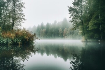 Naklejka na ściany i meble A misty lake with trees and a forest in the background. Generative AI