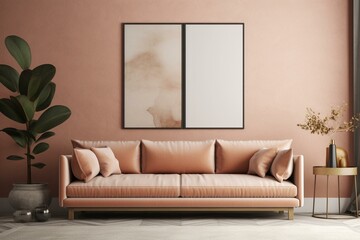 Mock-up poster with vertical frame, coral sofa, lamp and plant in vase on beige wall background in living room. 3D rendering. Generative AI