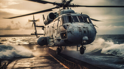 Fototapeta na wymiar A navy helicopter takes off from an aircraft carrier on the ocean