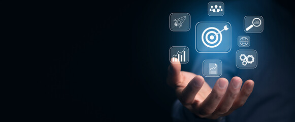 Targeting the business concept, target with digital marketing icons on virtual screen internet network connection, Business goal