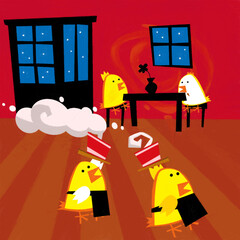 cartoon scene with happy chicken rooster cooking in the kitchen illustration for children