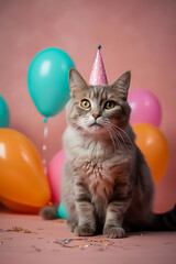 cute cat in a birthday hat sits on the background in the studio, space for text, birthday party. image generated by AI
