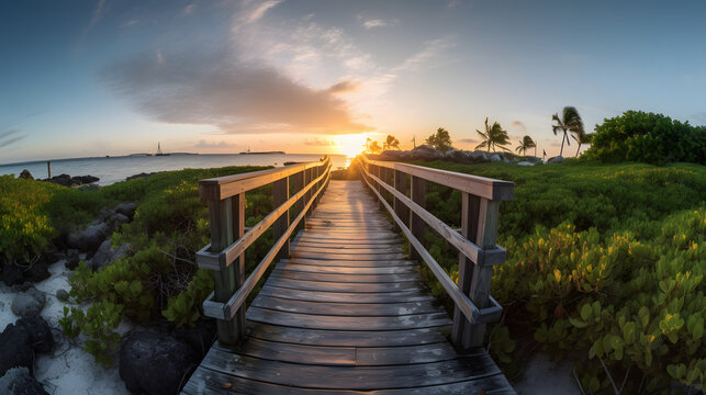 Panorama view of footbridge to the Smathers beach at sunrise - Key West, Florida.