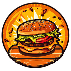 Burger on Wood in comic style designed as a badge