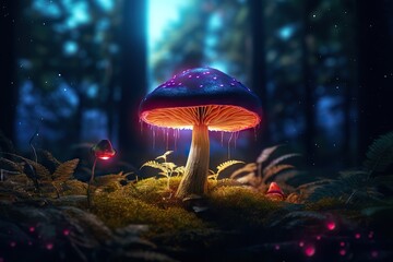 Neon mushroom with lighting in a magical forest, generative ai