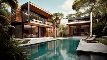 Architecture image of modern design house backyard and pool. Generative AI