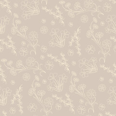 vector seamless floral pattern, on a light beige background small different flowers freehand drawing outline for fabric design, wallpapers, home textiles, wrapping paper. monochrome pattern