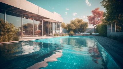 Architecture image of modern design house backyard and pool. Generative AI