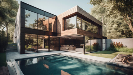 Architecture image of modern design house backyard and pool. Generative AI
