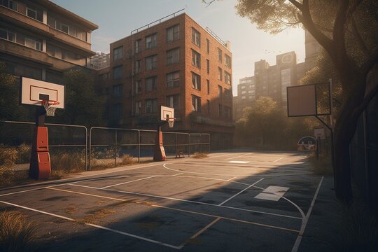 An illustration of a 3D street basketball court. Generative AI