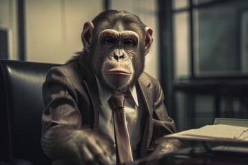 Monkey wearing suit in office. Businessman monkey sitting at office. AI generated, human enhanced.