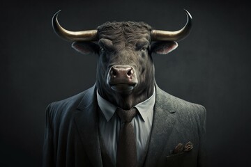 An anthropomorphic bull dressed in a business suit like a boss. AI generated, human enhanced - obrazy, fototapety, plakaty