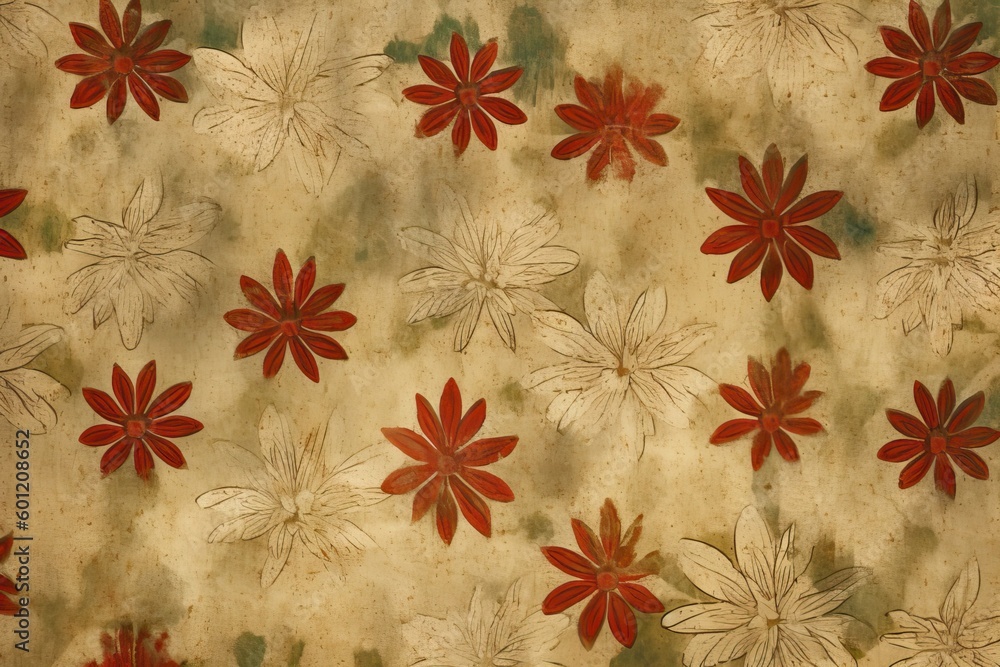 Poster beige background with red floral pattern generative ai