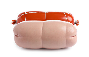 Tasty boiled sausages on white background