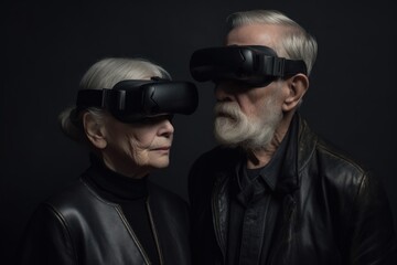 A couple of elderly people wearing virtual reality glasses. VR concept. AI generated, human enhanced