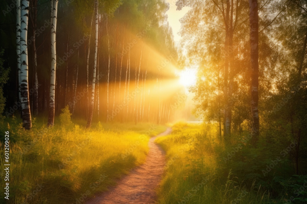 Poster sun rays shining through trees in a forest generative ai