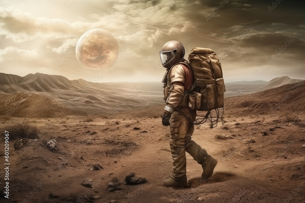 Poster astronaut exploring a barren desert planet in a space suit generative ai