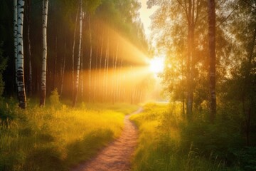 sun rays shining through trees in a forest Generative AI