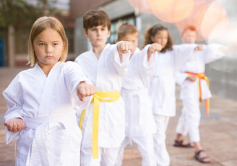 Obraz na płótnie Canvas Positive children wearing white sports uniform practicing karate on a street near school