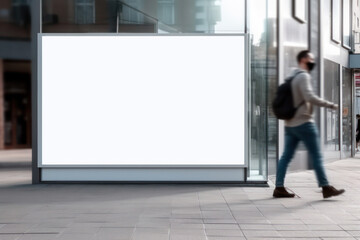 display blank clean screen or signboard mockup for offers or advertisement in public area with people walking by wearing face mask - Generative AI