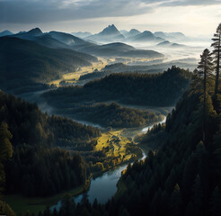 sunrise over the mountains, landscape with river flowing through valley.