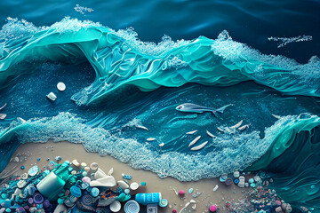 Plastic pollution at the sea. Plastic waste at the sea. Several plastic waste at the beach.