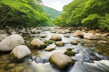 Naklejka na ściany i meble peaceful stream flowing through a vibrant green forest Generative AI