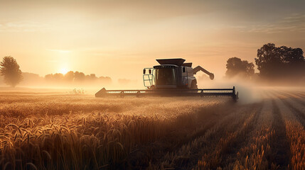 Fototapeta premium Wheat field harvested on a beautiful foggy sunrise