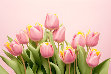 Beautiful composition of spring flowers. Tulips on a pastel yellow background. Valentine's Day, Easter, Birthday, Women's Day, Mother's Day. Copy space, generative AI