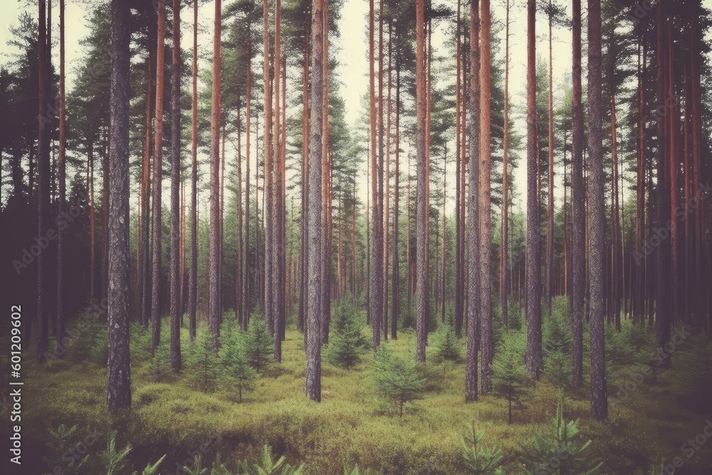 Poster dense, towering forest with sunlight filtering through the leaves generative ai