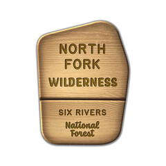 North Fork National Wilderness, Six Rivers National Forest California wood sign illustration on transparent background